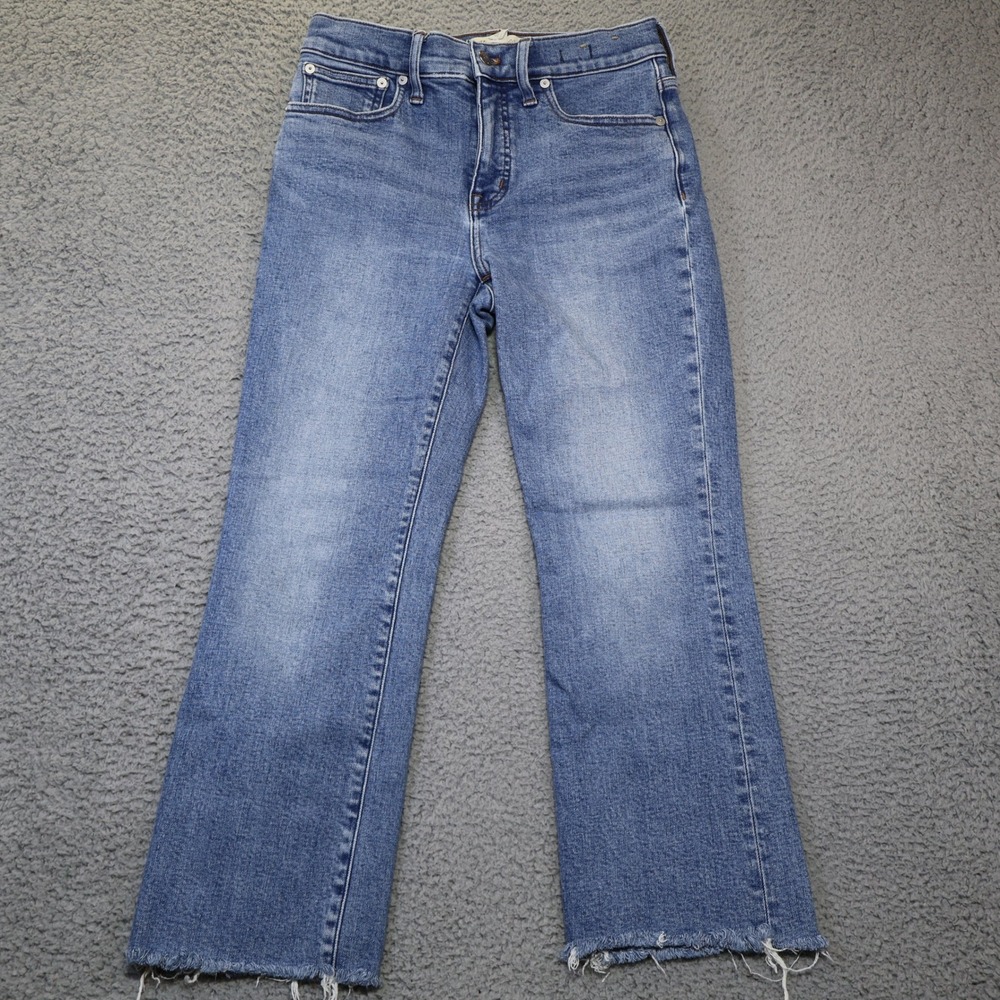 Madewell Mid-Rise Kick Out Jeans Blue Raw Hem Cropped Flare Denim 27 - Picture 1 of 11